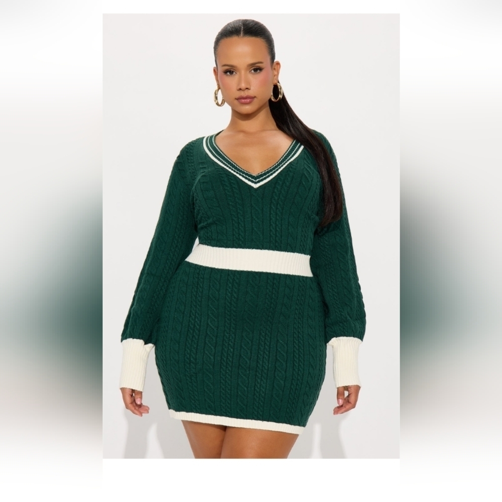 Fashion Nova Clean & Cute Cable Knit Mini Dress Green Size 1X (14/16) (NWOT)